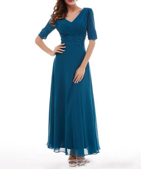 

2019 Blue Chiffon With Appliques V Neck Mother Of The Bride Dress Ankle Length Prom Growns Vestidos Madre De La Novia