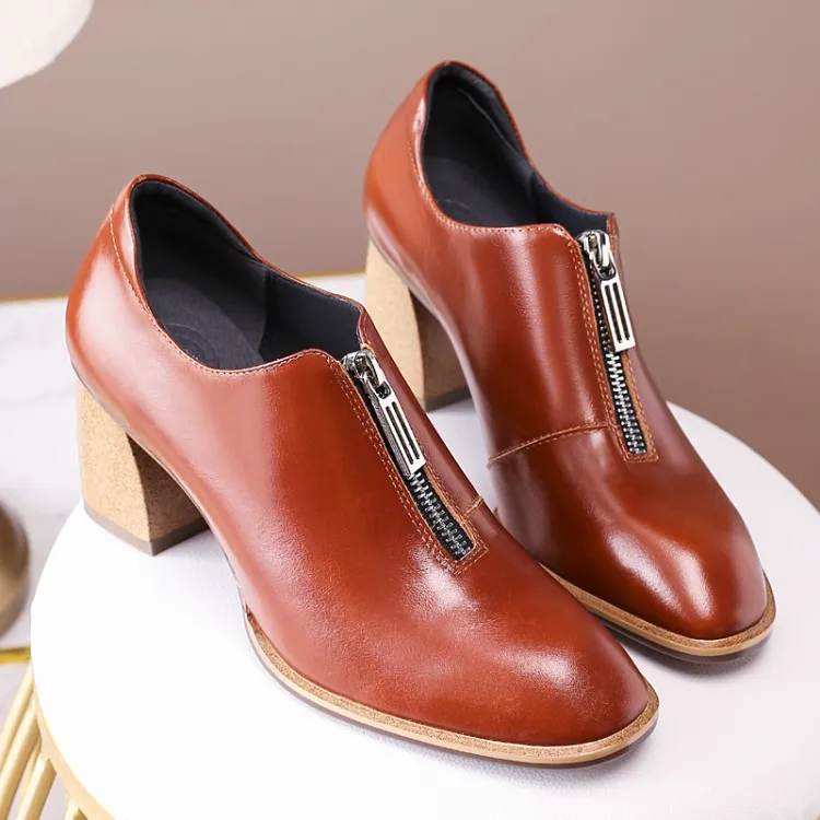 

GPOKHDS 2020 women Pumps Cow leather autumn spring zippers brown color square toe high heels pumps size 42 party dress