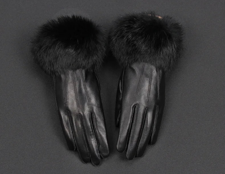 MK21 натуральной кожи перчатки супер большой кролик меховые перчатки женские шляпки Теплая зима черный Для женщин перчатки для сенсорного