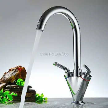

Free shipping Newly Brass Chrome Finished Dual Handle Kitchen Sink Faucet Hot & Cold Control Basin Tap Swivel Spout Tap GI1154