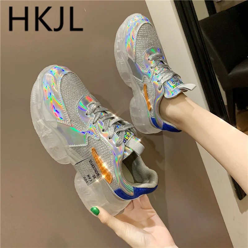

HKJL European station 2019 spring summer new thick bottom laser sneaker bright surface breathable mesh shoes A560