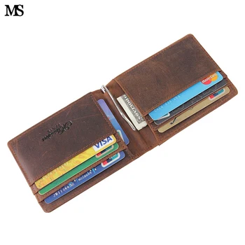 

MS New Arrival Men's Crazy Horse Leather Money Clips Genuine Leather 2 Folded Open Clamp For Money With Coin Pocket Wallet K146