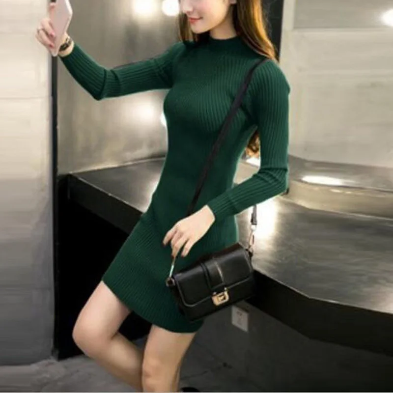 

Knitted Sweater Dress Knitwear Autumn Women's Casual High Neck Short Jumper Winter Bodycon