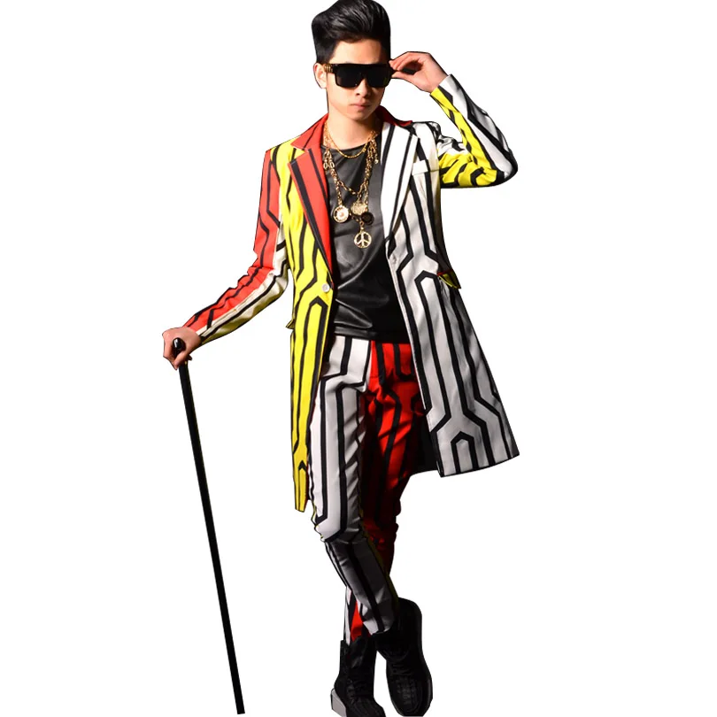 

Male Stripe Long Suit Coat Slim Fit Trouser Men Fashion Show Stage Costumes Casual Suit Blazers Jacket