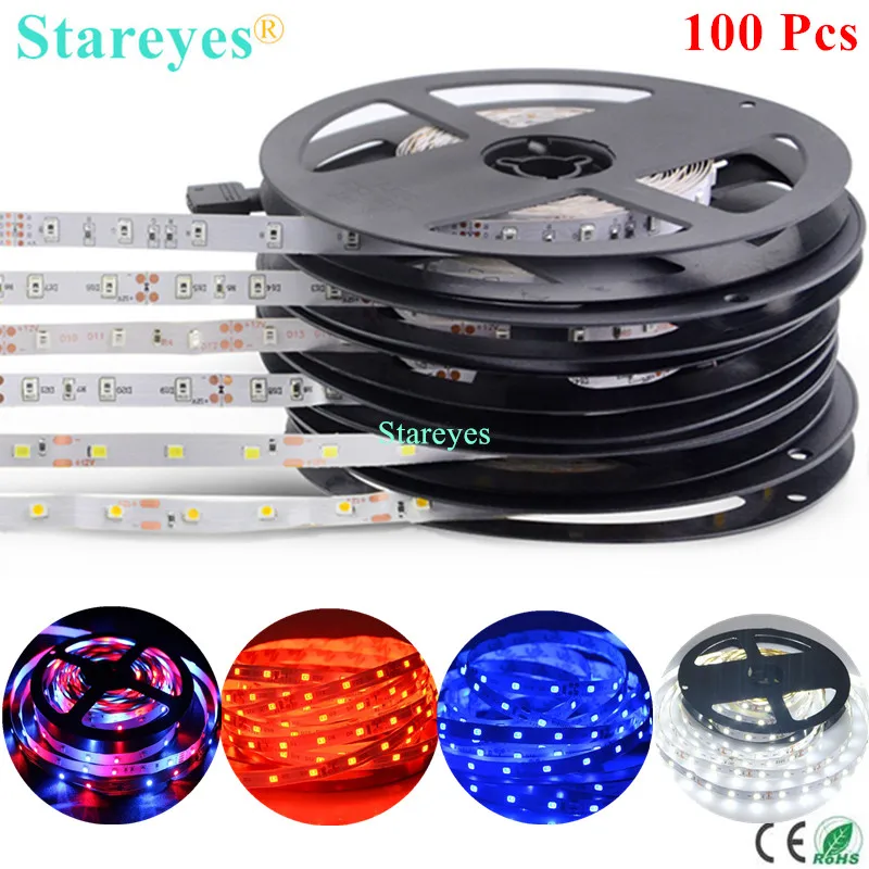 

Free Shipping 100 Pcs DC12V 5M SMD 2835 3528 300 LED Non Waterproof LED Single Color Strip Light Flexible led RGB Strip string