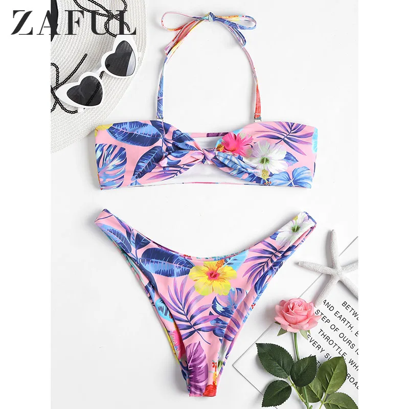 

ZAFUL Floral Leaf High Leg Bikini Set Halter Bandeau Bikini Sexy High Cut Bikini Set Tropical Print Casual Summer Beach Set