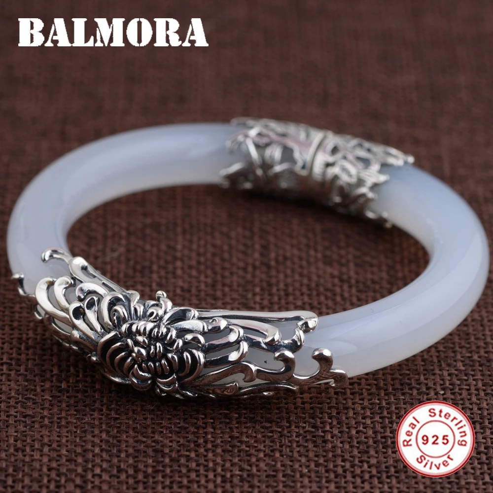 

BALMORA 925 Sterling Silver Chalcedony Bangles for Women Mother Gift about 18cm Bracelet Silver Jewelry Accessories MN50085