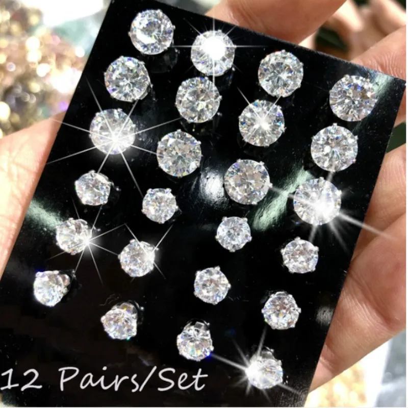 

2019 New Arrival Korean Zircon Stud Earrings 12 Pairs Prong Setting Crystal Stud Earrings Set for Women Stainless Steel Jewelry