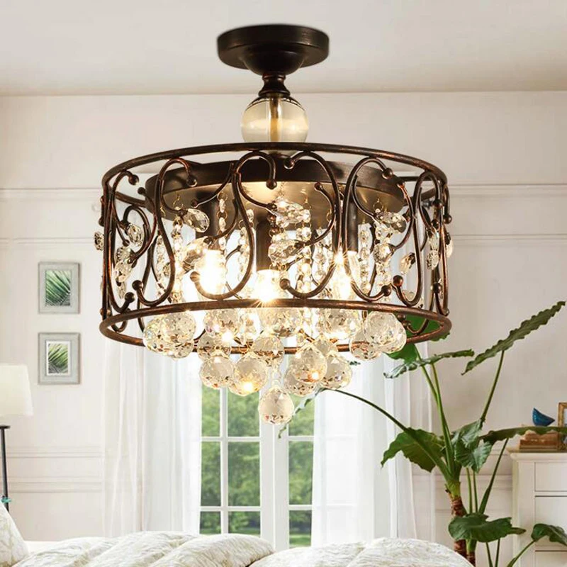 

American Crystal restaurant ceiling lamp country vintage iron living room lamp creative warm bedroom study ceiling lamp led lamp