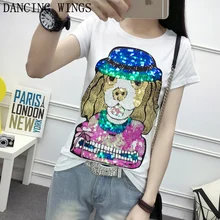 Корейская мода короткий рукав расшитая блестками собака женские футболки хлопок Летние повседневные футболки Топы Черный Белый