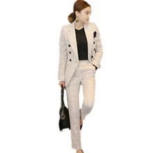Runway Women’s 2018 Elegant pants suits work wear formal slim Plaid long-sleeve blazer and trousers office ladies blazer set