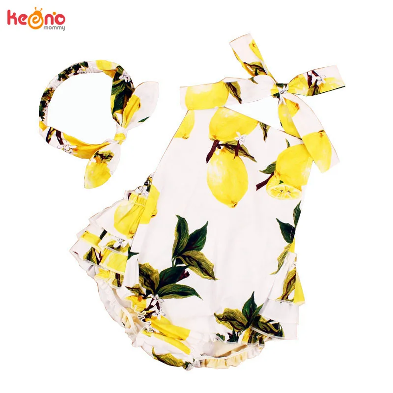 Ruffle Bum Baby Girl Romper with Head Wraps 100 Cotton Lemon Pattern