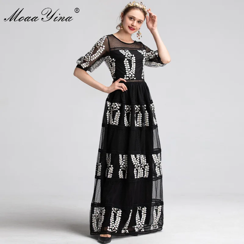 MoaaYina модные женские туфли с пышными рукавами цветочный вышивка лоскутное элегантное платье черный Vestidos праздник макси старинные взлетно-посадочной полосы платья