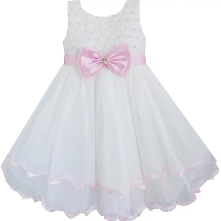 

Flower Girl Dress White Pearl Rose Bow Tie Wedding Pageant Layers Kids Clothes 2018 Summer Princess Size 2-10