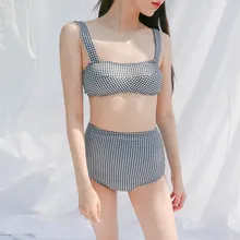 Корейское женское танкини, комплект Ретро, клетчатый купальник, студенческий Купальник бандо, топ с высокой талией, пляжная одежда, купальный костюм