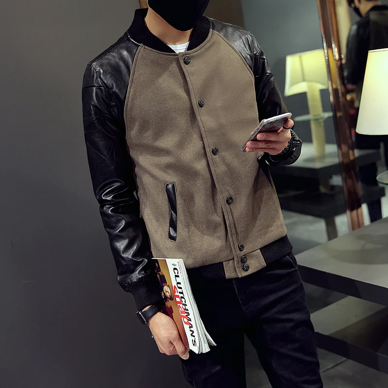2018 Men PU Leather Sleeve Jacket Black Khaki Stand Collar Slim Fit Baseball Jackets 2018 Men PU Leather Sleeve Jacket Black Khaki Stand Collar Slim Fit Baseball Jackets
