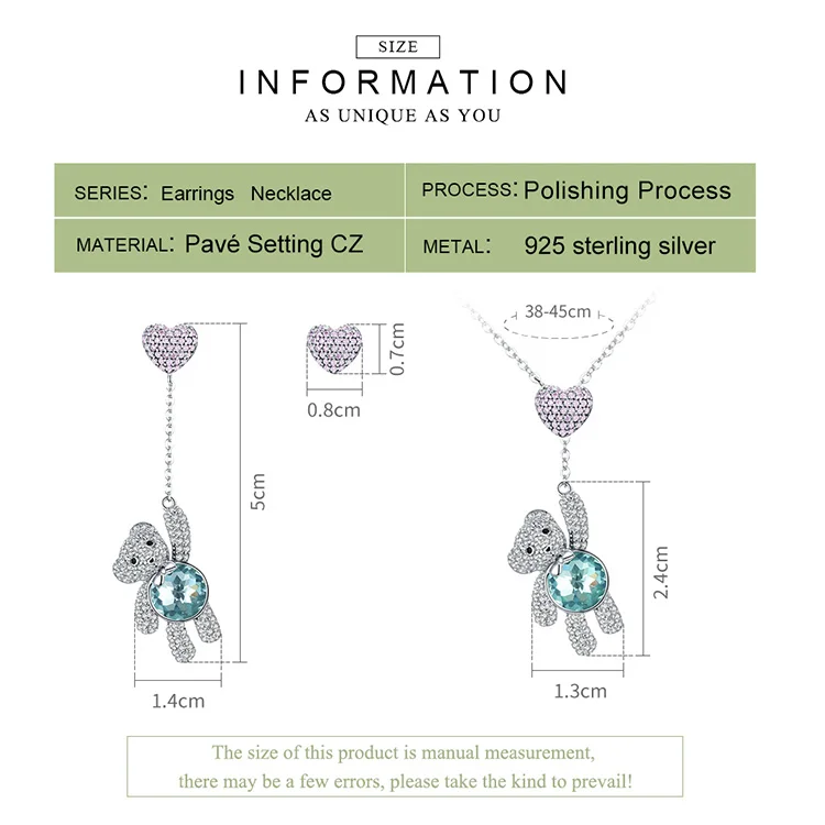 BAMOER горячая Распродажа подлинный 925 пробы серебряный кристалл медведь висячие серьги с цирконием Сердце ожерелья медведь женские серебряные ювелирные изделия ZHS082