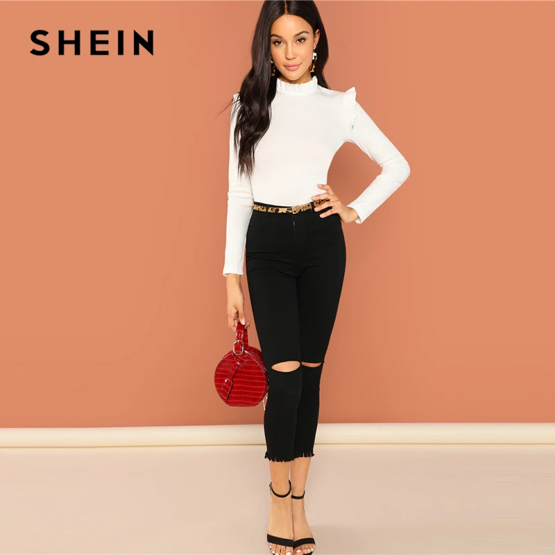 Goede SHEIN Moderne Dame Wit Slim Fit Franje Trim Solid Stand Kraag Lange Mouwen Truien Tee 2018 Herfst Campus Vrouwen Tshirt top