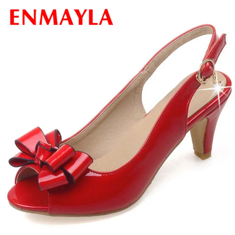 

Airfour New Fashion Bowtie Peep Toe High Heel Pumps Patent Leather Slip On Slingback Pumps Women Summer Shoes Sandals