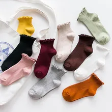 Хлопковые кружевные женские носки с оборками; милые носки принцессы для девочек с оборками; сезон весна-лето-осень; милые модные однотонные носки