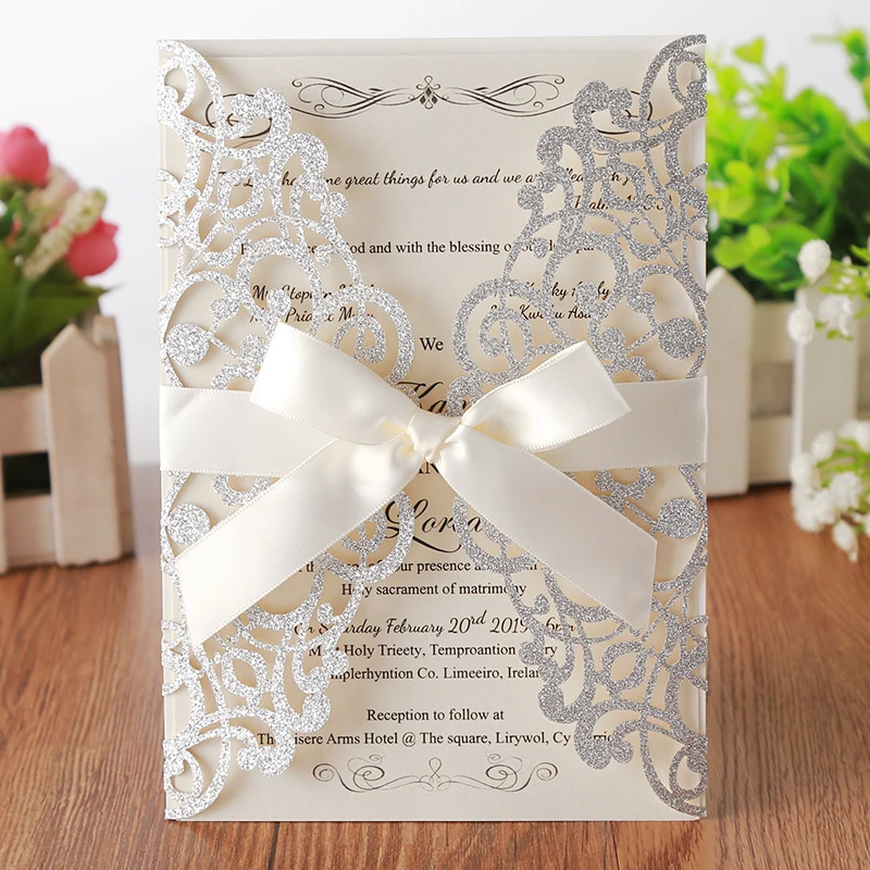 

100pcs Glitter Laser Cut Wedding Invitation Cards with Bow Ribbon and Envelopes for Bridal Shower Party Supplies,Customizable