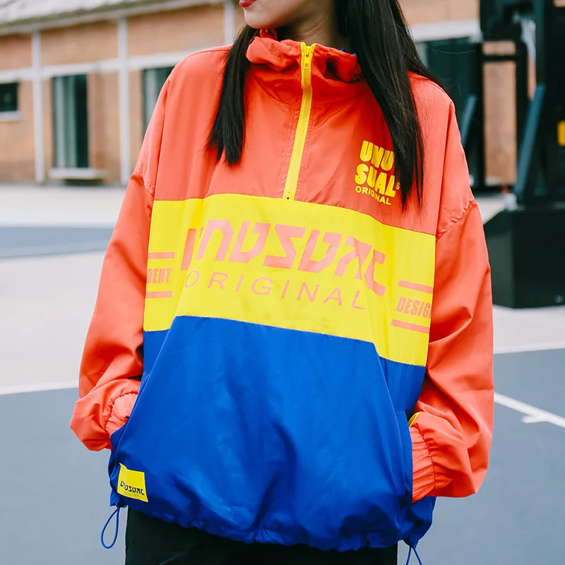 

Front Half Zipper Hip Hop Jackets Color Block Patchwork Women’s Jacket With Hoodie Women Street Jacket Coats