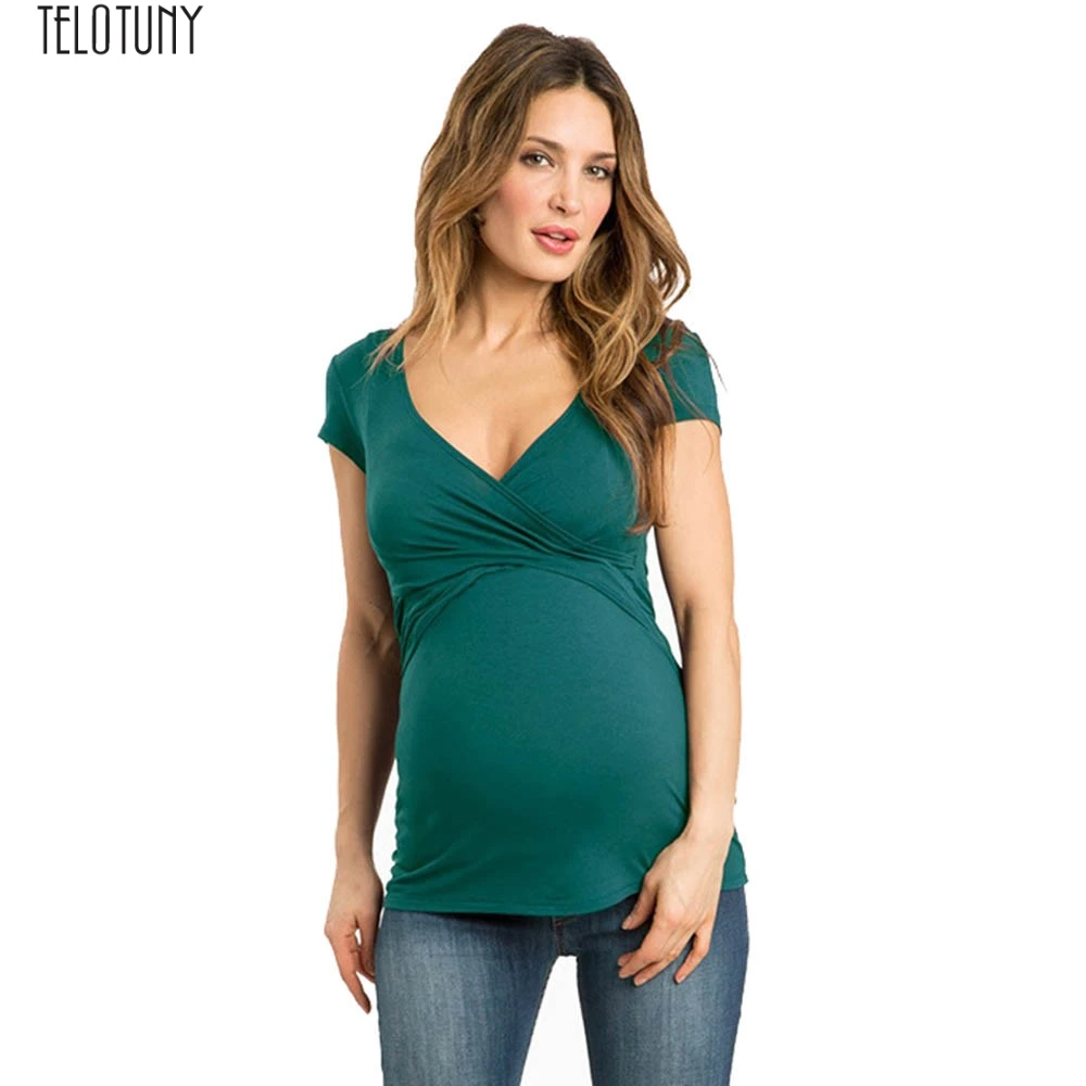 TELOTUNY Women Maternity Solid sexy v-neck short sleeve tops Pregnant Nursing soft Multifunctionl Blouse T-Shirt x0510