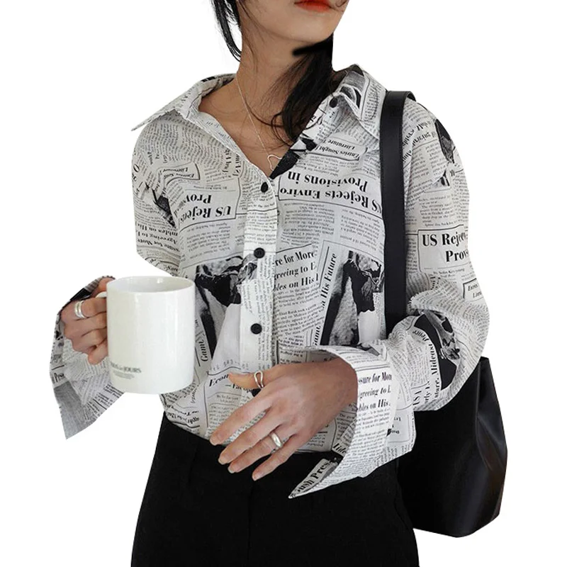 

Autumn Blouse For Women Fashion Newspaper Printed Long Sleeve Shirts Female Turn-down Collar Single-breasted Streetwear Tops