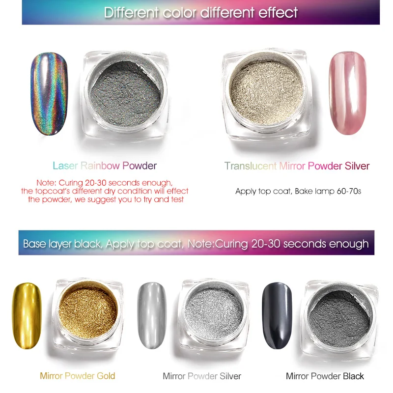 

Professional Nail Holographic Mirror Effect Powder Chrome Pigment Powder Enamel Gel Gold Silver Mirror Effect Metal Powder Kit