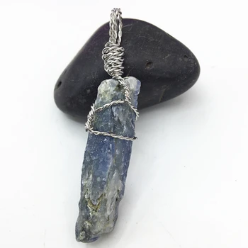 

Natural blue kyanite semi-precious stone irregular pendant silver-color wire winding exquisite handmade fashion jewelry B3076