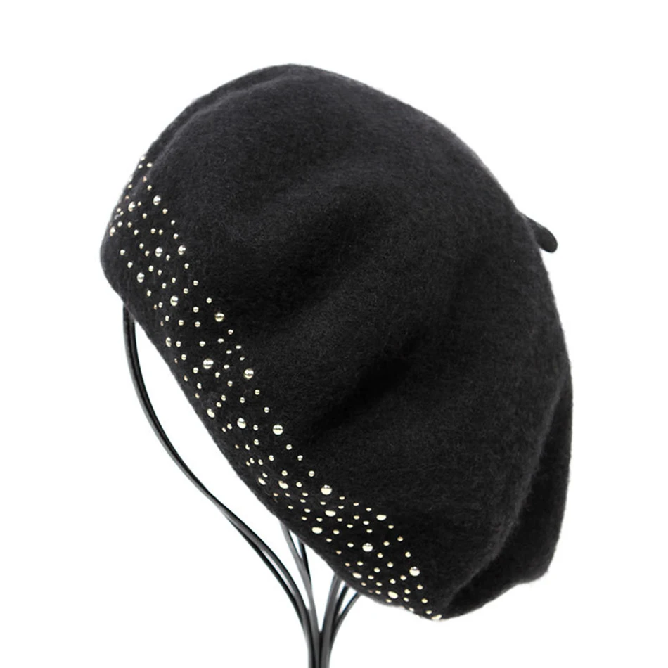 SHOWERSMILE, черный берет для женщин, шерстяные художественные шапки, женские модные мягкие французские береты с заклепками, женские шерстяные зимние шапки для художников - Цвет: black berets