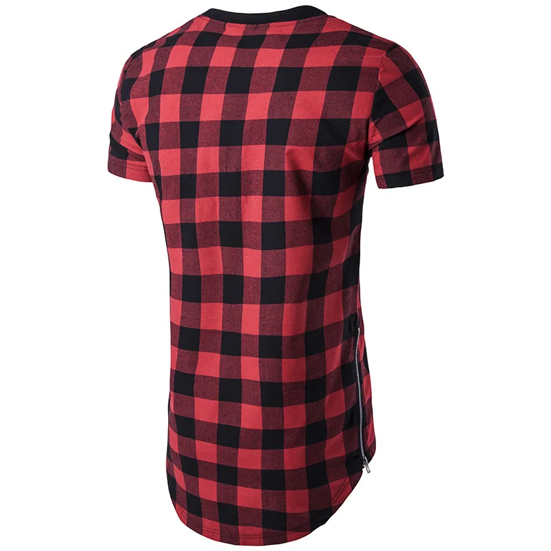 0810 летняя уличная удлиненная длинная футболка с боковой молнией для мужчин в стиле хип-хоп клетчатая футболка Homme мужская одежда Асимметричная