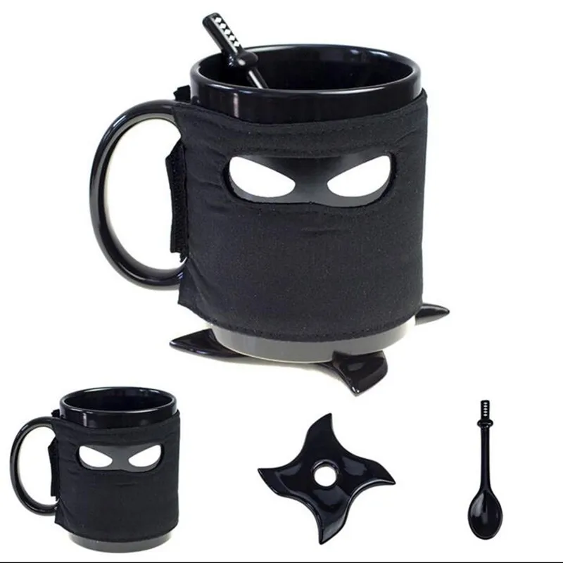 

Promotion! 1 Piece Assassinate Caffeine Cravings Ninja Mug Black Mask Ceramic Mug with Spoon Sword and Shuriken Coaster