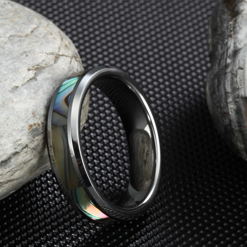 

6MM Tungsten Carbide Ring Engagement Wedding Band Abalone Shell Inlay Polished Finish Step Edges