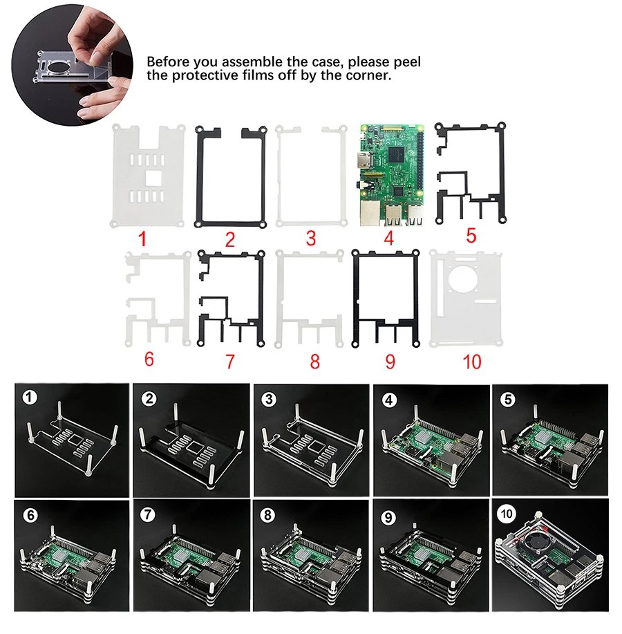 Чехол для Raspberry Pi 3 B + 9 слоев акриловая коробка черный чехол +(plus) 2018 Model
