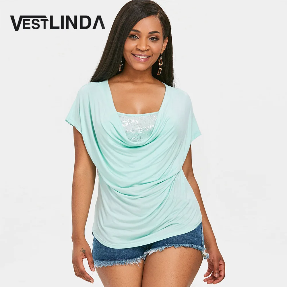 

VESTLINDA Ruched Sequined Short Sleeve T-Shirt Women T Shirt Summer Casual Cowl Neck Solid Color Top Fashion Women Clothing Tees