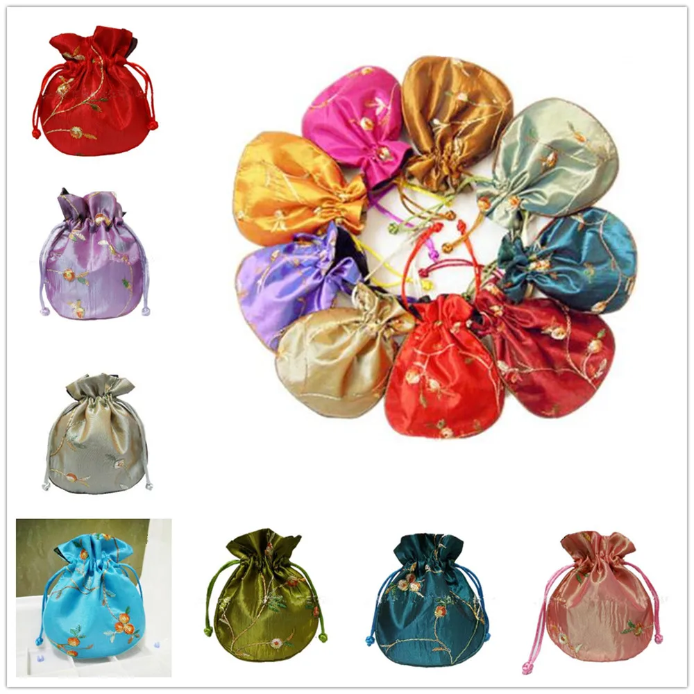 10Pcs Chinese Satin Pouch Embroidered Silk Purse Multicolor Jewelry