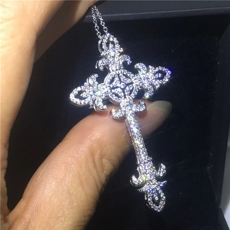 

Female Flower Big Cross pendant necklace 925 Sterling silver AAAAA Cz Vintage Party wedding Cross Pendant for women Jewelry