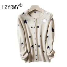 HZYRMY Spring and Autumn New Women's Cashmere Cardigan Fashion O-Neck Star pattern Loose Soft Coat Short Wool Knit Warm Sweater HZYRMY Spring and Autumn New Women's Cashmere Cardigan Fashion O-Neck Star pattern Loose Soft Coat Short Wool Knit Warm Sweater
