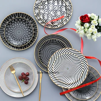 

Geometry ceramic 10 inch Dinner Plate dish 8 inch dessert plate 6 inch snack plate cake plate decoration tableware dinner set
