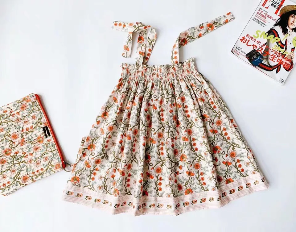 

girls summer dress straps floral pattern smocking design embroidery kids dresses