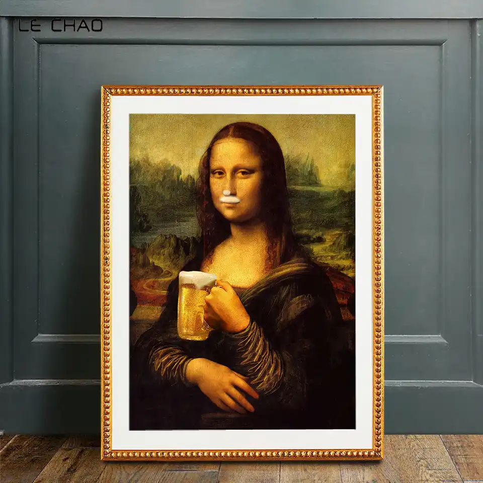 Lechao Mona Lisa Bier Poster Und Drucke Abstrakte Leinwand Malerei Fur Wohnzimmer Wand Bilder Modern Home Dekoration Unframed Malerei Und Kalligraphie Aliexpress