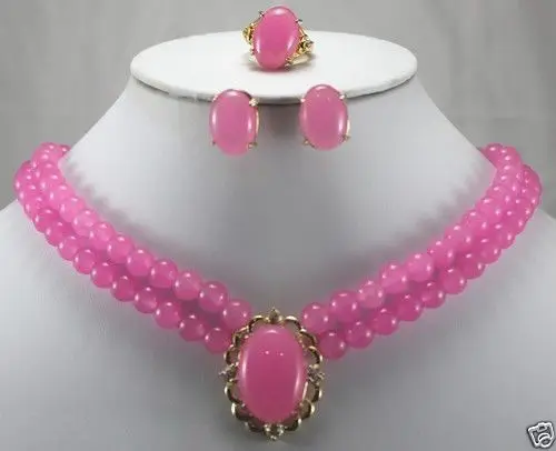 

Prett Women's Wedding New Jewelry Pink stone Ring Stud Earrings Necklace Pendant sets 5.23