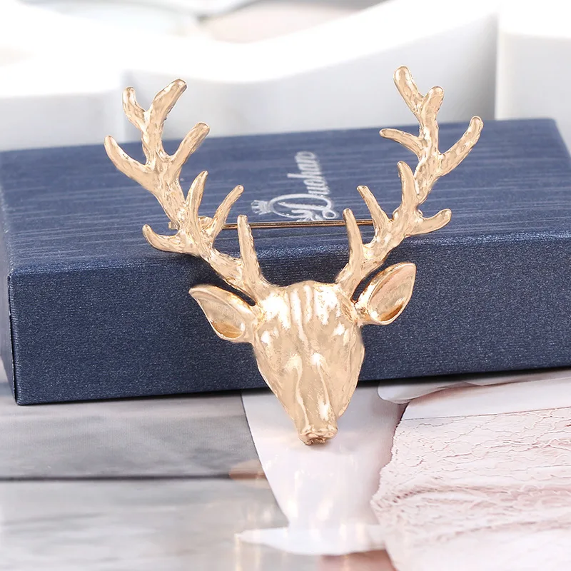 Unisex Animal Christmas Xmas Popular Cute Gold Deer Antlers Head Pin Brooches For Women Lady Classical Decoration Pins