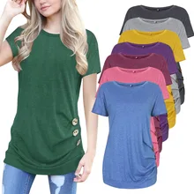 

Womens Casual Short Sleeve Side Button Decor Tunic Tops Loose T-Shirt