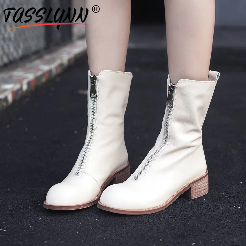 

TASSLYNN 2018 Fashion Women Mid-calf Boots Round Toe Zipper Square Med Heels Women Boots Genuine Leather Women Shoes Size 34-39