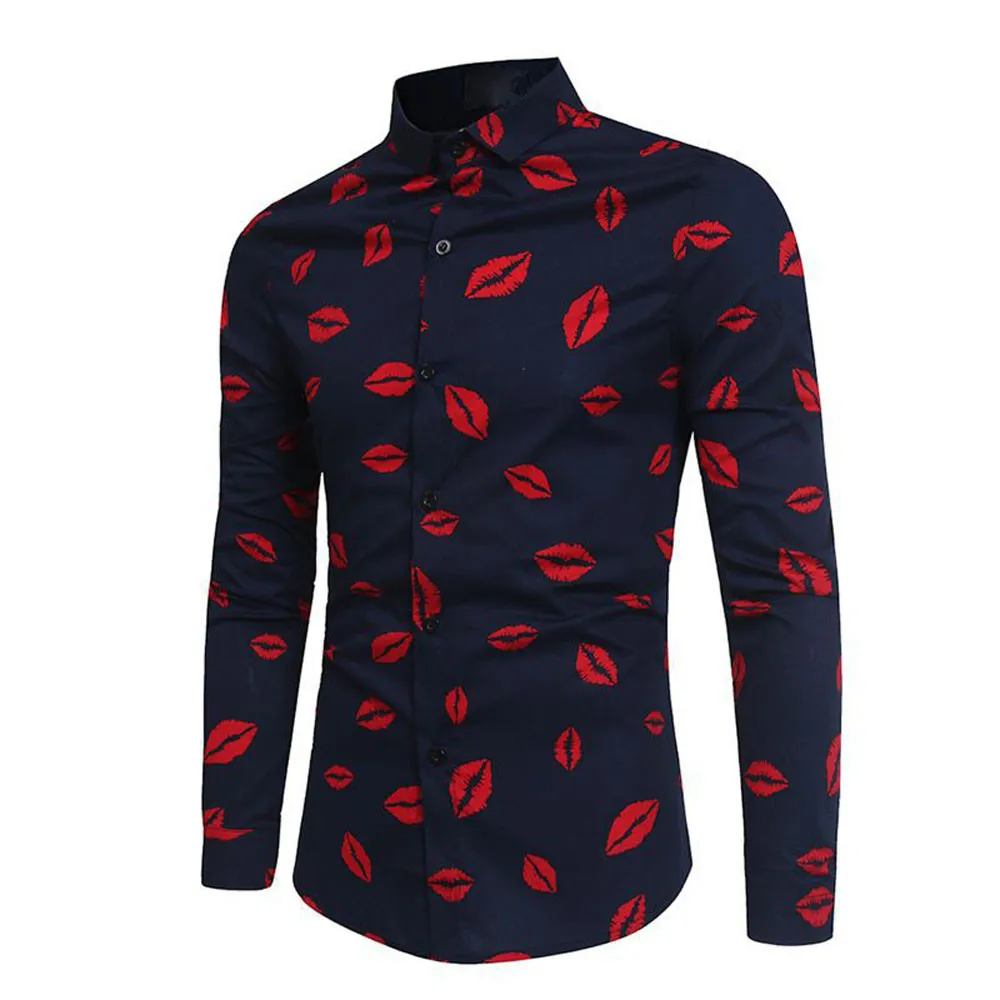 Мужская рубашка осень весна красные губы повседневные рубашки с длинными рукавами мужские модные облегающие рубашки повседневные блузки удобные 1j27