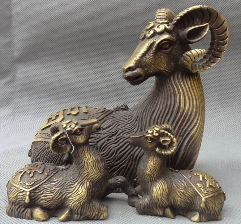 

JP S0608 Chinese Bronze Year Zodiac FengShui Fu Lu Shou 3 Sheep Goat Family Statue Animal