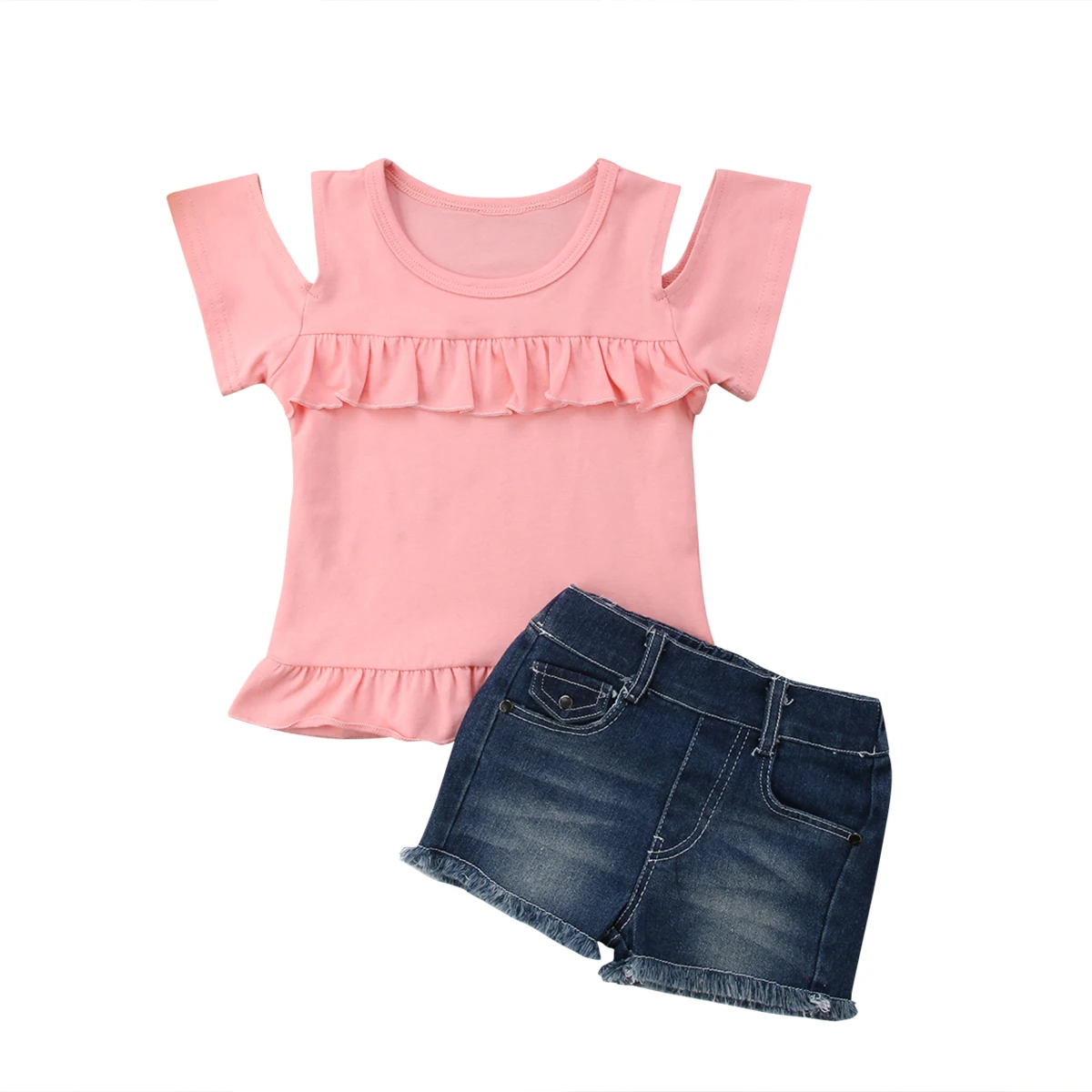 

2PCS Toddler Girls Kids Ruffles Clothes Summer T-shirt Tops+Denim Shorts Outfits Clothes Set
