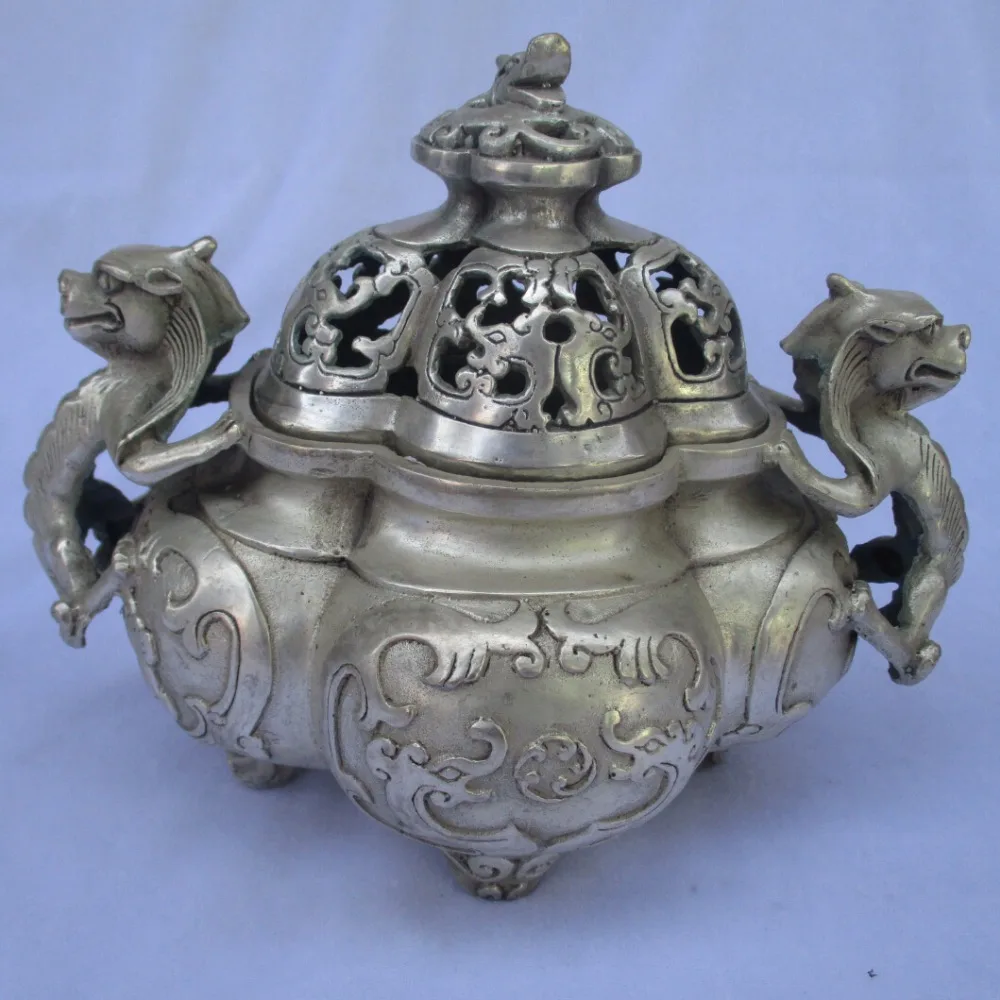 

collectible decorated old antique tibet silver carved lion big incense burners/metal censer Free Shipping 0003